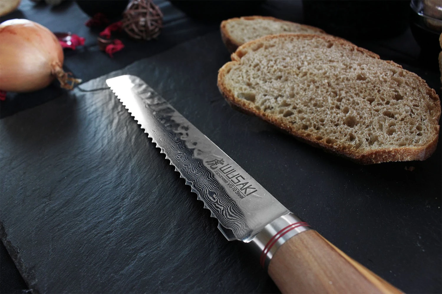Wusaki Damas VG10 Bread Knife 20cm Olive Wood Handle 8 Wusaki Damas VG10 Bread Knife 20cm Olive Wood Handle - Image 6