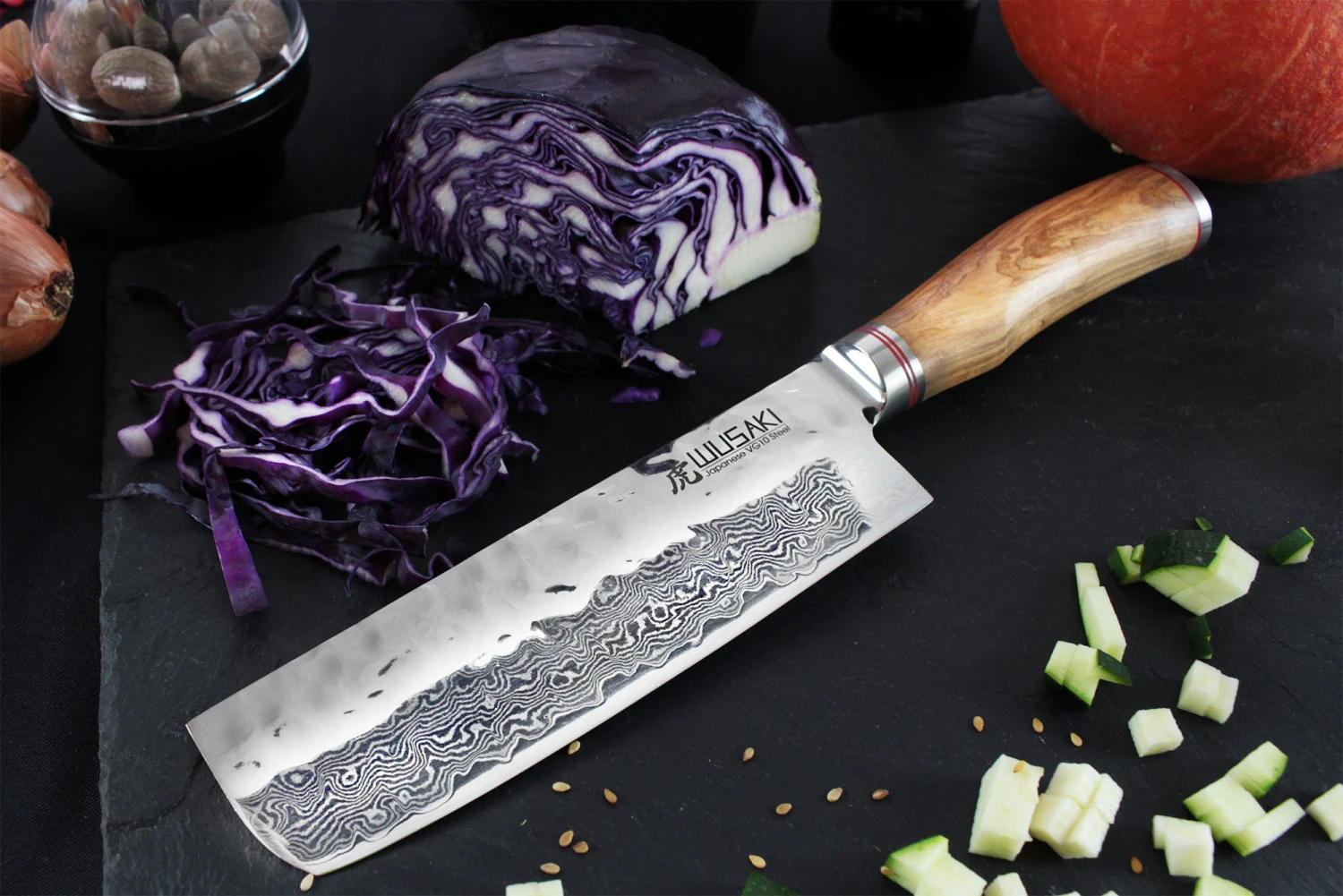 Wusaki Damas VG10 Nakiri Knife 17cm Olive Wood Handle 5 Wusaki Damas VG10 Nakiri Knife 17cm Olive Wood Handle - Image 3