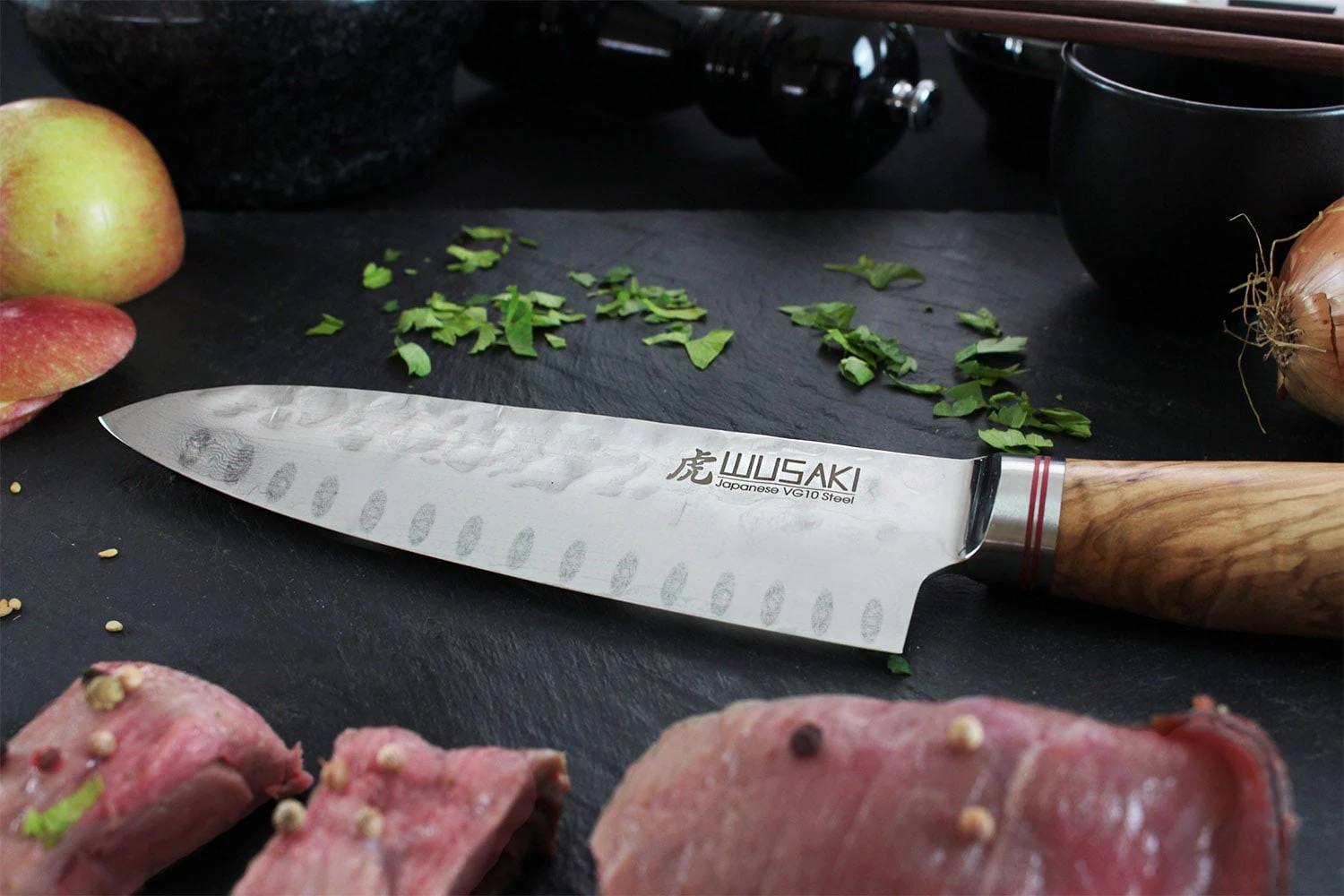 Wusaki Damas VG10 Santoku Knife 17cm Olive Wood Handle 6 Wusaki Damas VG10 Santoku Knife 17cm Olive Wood Handle - Image 4